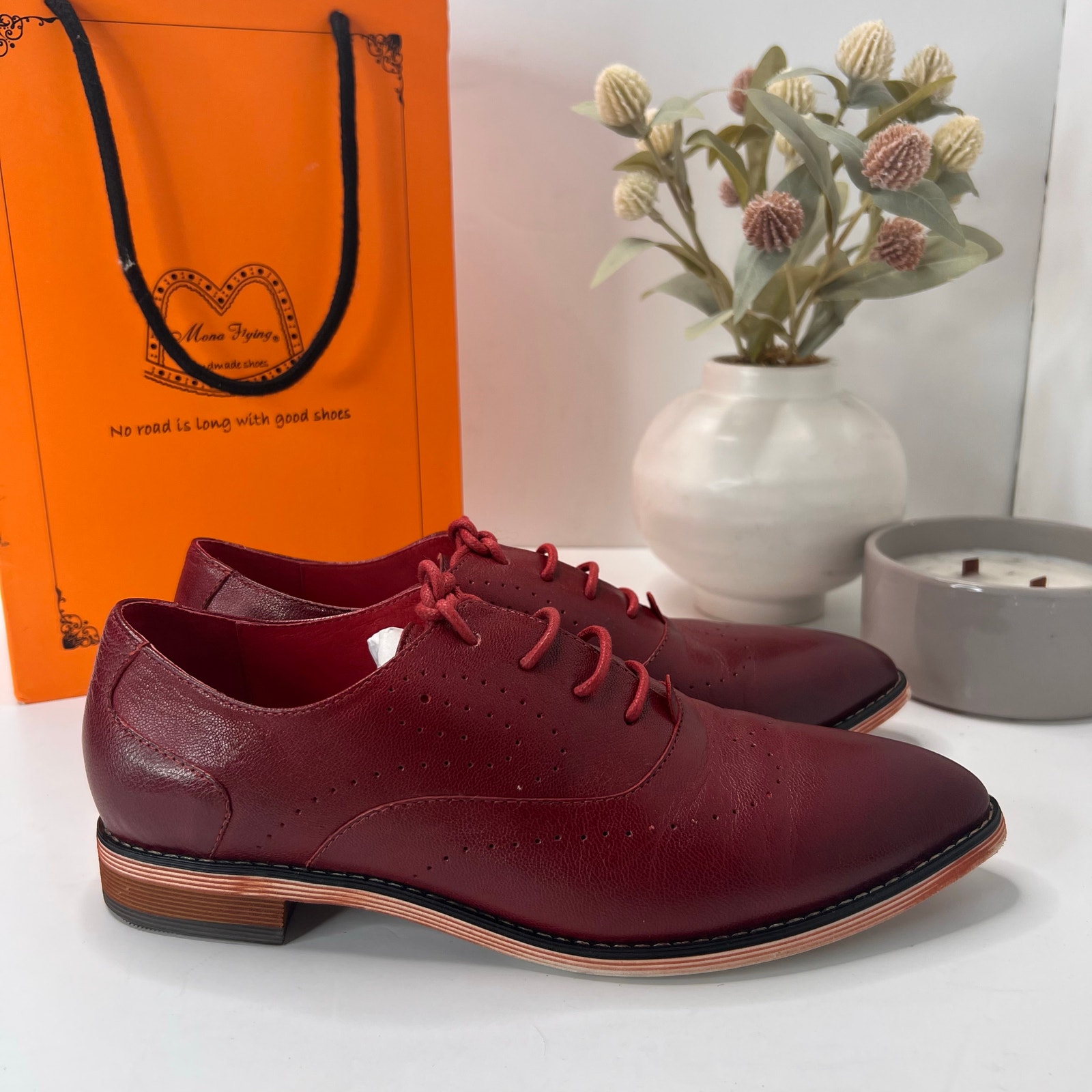 Mona Flying Leather Oxford Brogue Derby Shoe Red Retro Women's 8/Eu39 Tried On
